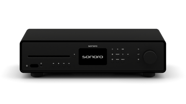 Sonoro MAESTRO Quantum Musiksystem in Schwarz Matt, frontal freigestellt auf weißem Hintergrund.
